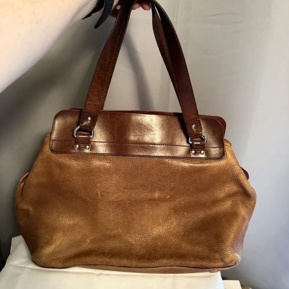 Orla Kiely Vintage Leather Shoulder Top Handle Bag Purse Brown Floral Detail